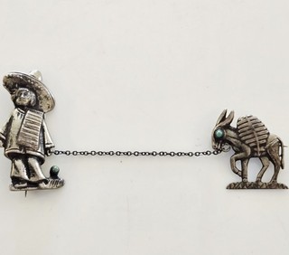 TAXCO Mexico OLD Man w Burro Sterling Silver .925 VINTAGE Brooch or Tie Pin set