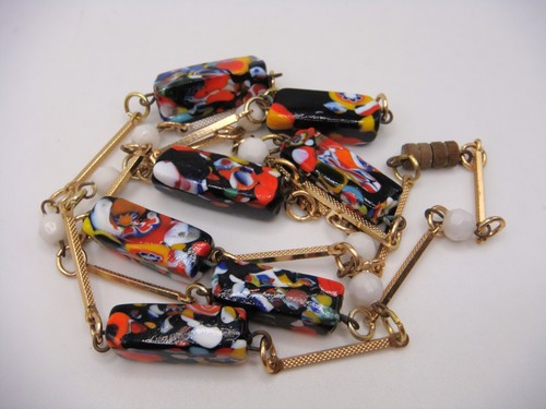 VINTAGE GOLDFARBENE HALSKETTE MIT MILLEFIORI KUNST GLASEINSATZ PERLEN NACHLASS - Bild 3 von 12