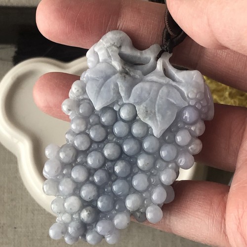 60mm Lavender Blue Jadeite Jade Carved Grape Pendant - Picture 4 of 10