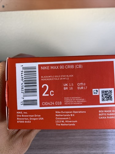 Nike Air Max 90 Crib CI0424-018 Rare BLACK/GOLD Baby Bootie Shoes Sz 2c NEW+Box - Picture 11 of 12