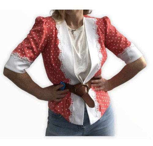 Blazer vintage anni 80 taglia 14 giacca a pois rosa pesca pizzo maniche a sbuffo ragazza - Foto 4 di 12