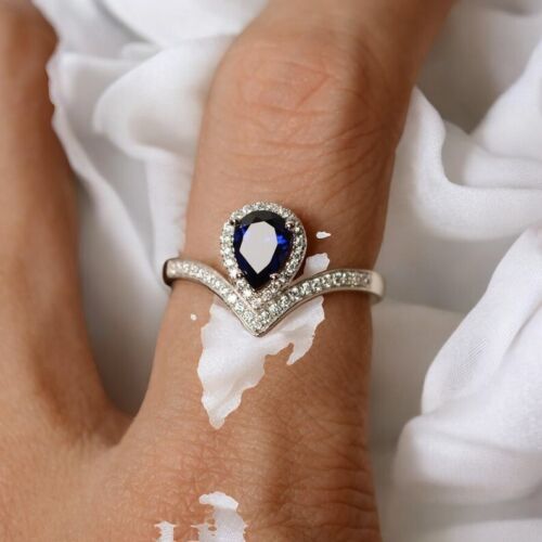 1.50 Ct Pear Cut Natural Sapphire & Real Engagement Ring 14k White Gold Size 7 - Picture 5 of 7