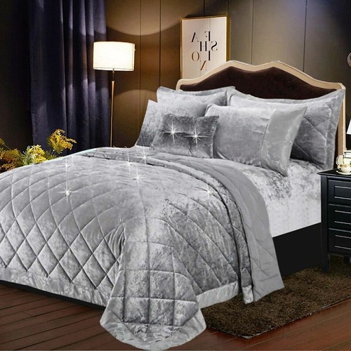 Diamante Quilted Crushed Velvet Luxus Tagesdecke Überwurf Kissenbezüge Kissen - Bild 19 von 55