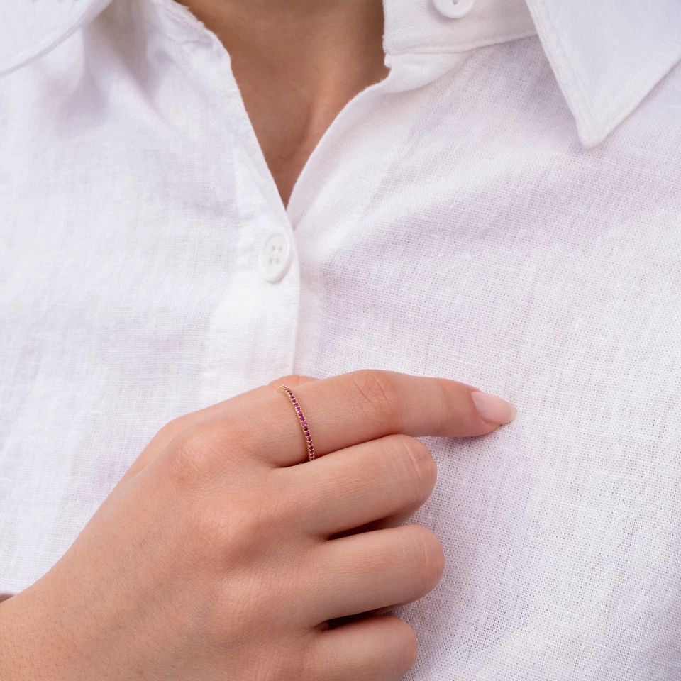 14k Solid Gold Lab-Created Ruby Half Eternity Stacking Band Ring Women Ladie's - Image 3 of 4