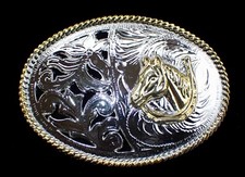 WESTERN STYLE SILVER AND GOLD HORSE  HORSESHOE BELT BUCKLE NEW 