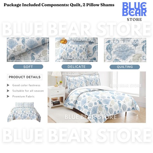 Nautical Bedding King Size Coastal Quilt w Shams Comforter Sets Ocean Bedspreads - Picture 8 of 11