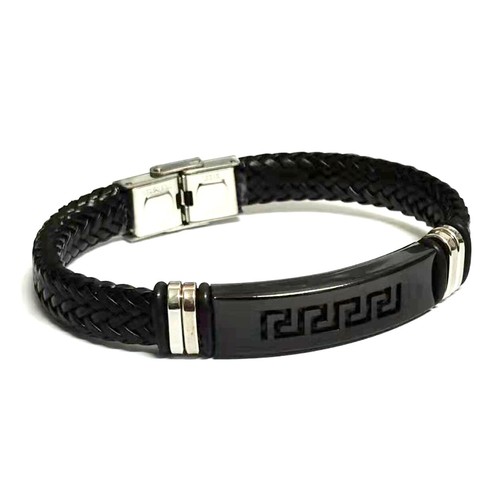 Cross Silver Men's Genuine Leather Stainless Steel Braided Bracelet Wristband - Picture 9 of 10