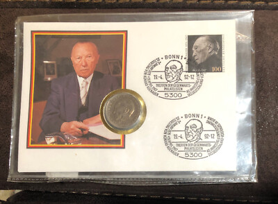 1972-G GERMANY FEDERAL REPUBLIC 2 MARK KONRAD ADENAUER COIN + STAMP+COVER