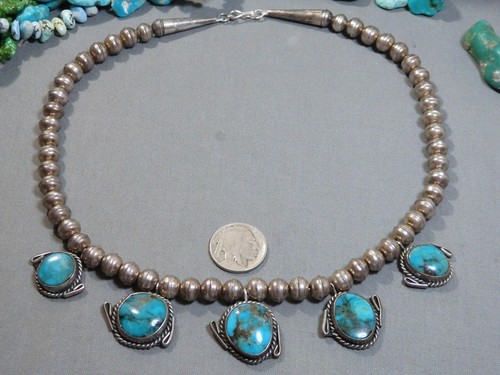 Collier sur chaîne 19" argent massif 19" NAVAJO PEARLS naturel MORENCI TURQUOISE années 70 - Photo 9/13