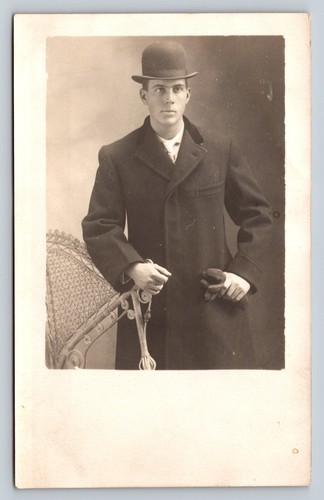 Sharp Young Man Studio Photo Suit Jacket Hat Ring on Finger VINTAGE Postcard - Picture 1 of 3