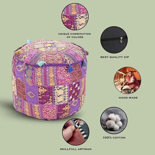 Indian Vintage Embroidered Patchwork Round Seating Pouf Cover Footstool Ottoman - Bild 31 von 64