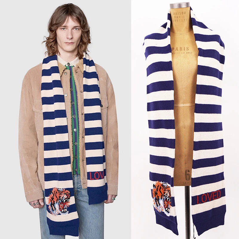 NEUF GUCCI homme à rayures bleues LOGO TIGRE AIMÉ laine longue chute unisexe