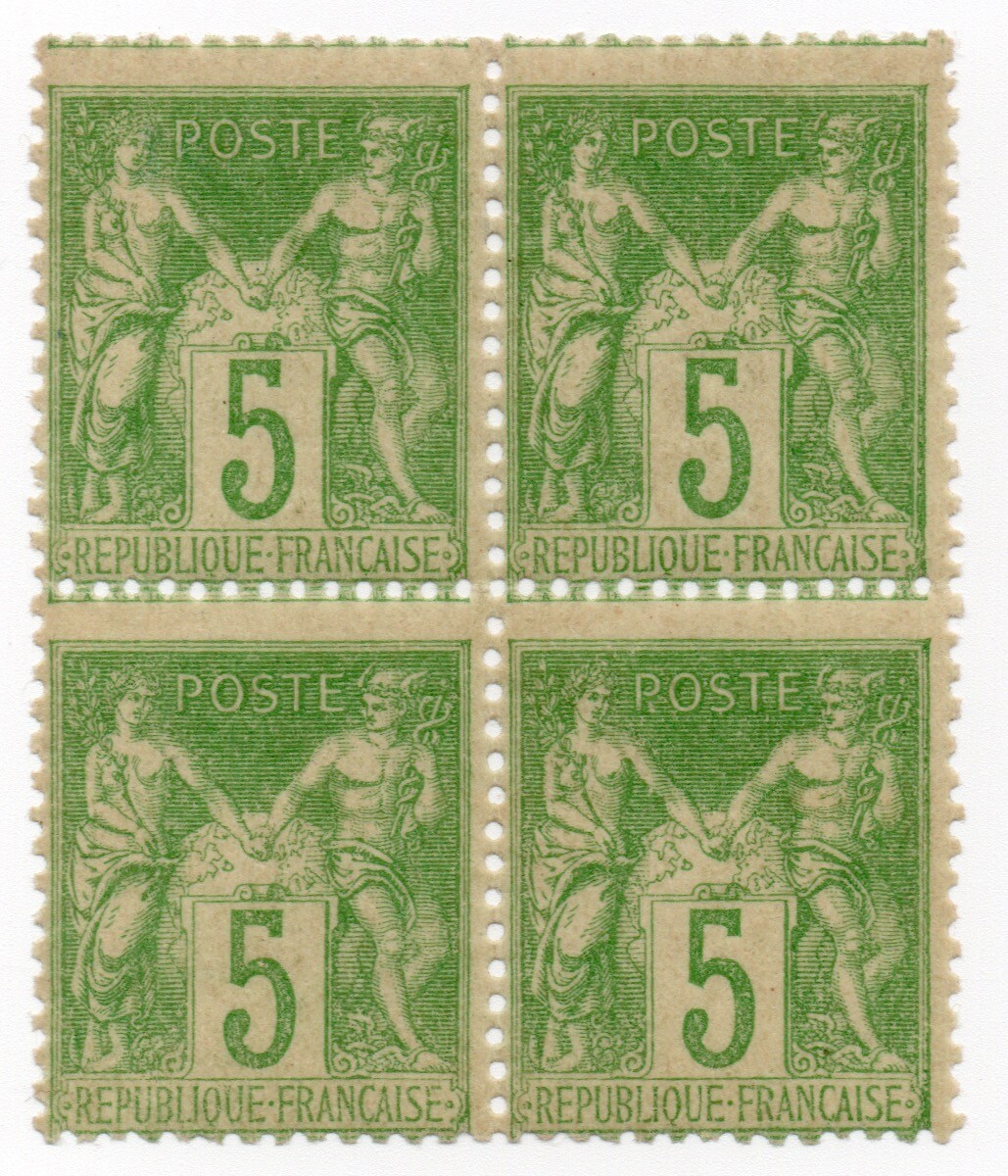 1898 - Francia - Sage, I tipo 5 c. verde amarillo bloque MNH**