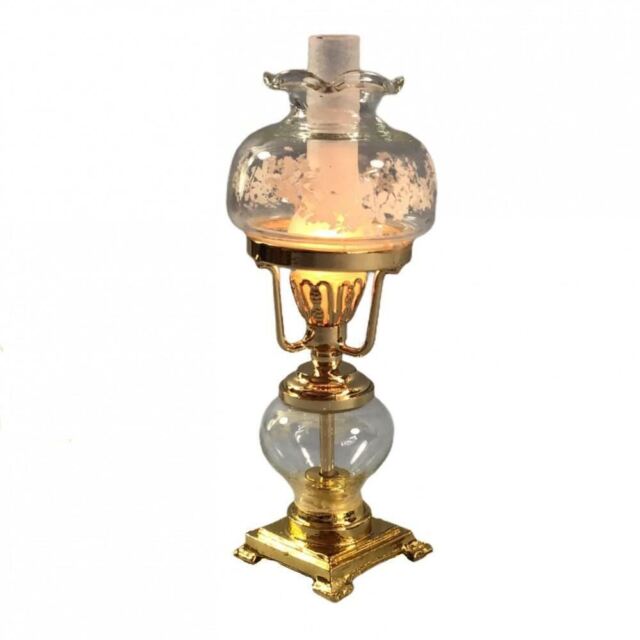 Dolls House Fancy Victorian Oil Lamp Gold Etched Glass Shade Electric Lighting Dolls House Fancy Victorian Oil Lamp Gold Etched Glass Shade Electric Lighting