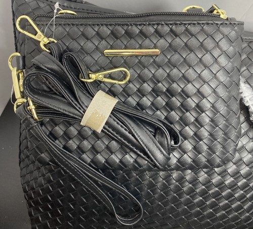 Time and Tru Women's 3-Piece Handbag Set Woven Black Brick Gold - Picture 6 of 10