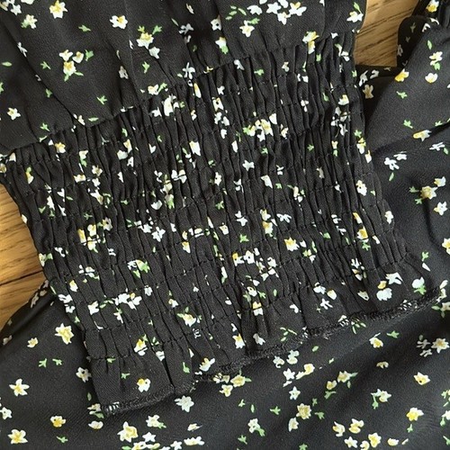 Midikleid Maggeer XL schwarz Blumen gesmokte Taille Langarm - Bild 4 von 11