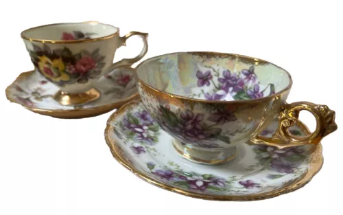 Set of 2 Old Gold Japan China Tea Cup and Saucer VTGPurple  Violets & Pink Roses