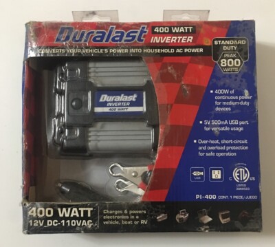 Decisión Oswald Mensurable Duralast 400 Watt Power Inverter 12V DC- 110VAC Peak 800 watts PI-400 - GREAT | eBay Decisión Oswald Mensurable Duralast 400 Watt Power Inverter 12V DC- 110VAC Peak 800 watts PI-400 - GREAT | eBay