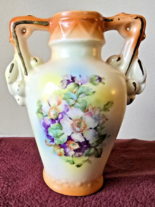 ANTIQUE URN VASE -CZECHOSLOVAKIA, DOUBLE HANDLES, ROSE FLORAL, PORCELAIN
