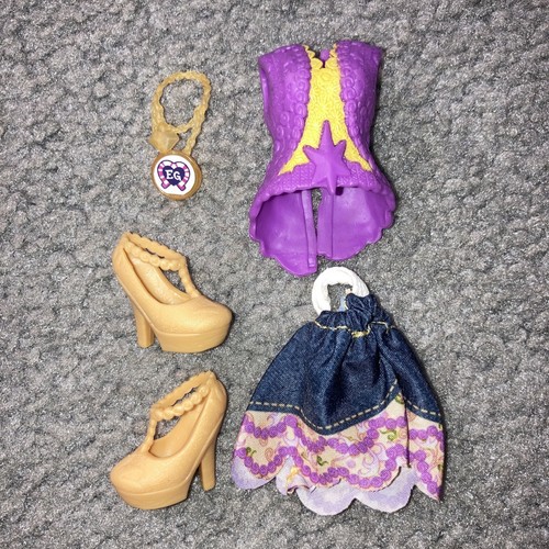 MY LITTLE PONY EQUESTRA GIRLS PURPLE SHIRT JEAN SKIRT HIGH HEELS NECKLACE LOT!