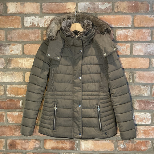 Joules Gosway Padded Puffer Jacket Heritage Brown Size UK8 Faux Fur Collar/Hood - Picture 1 of 11