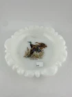 Vintage Glass Ashtray Mallard Ducks Game Bird White Milk Glass 5 3/8"