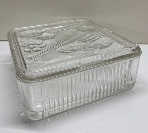 Vintage Federal Glass Ribbed Glass Vegetable Motif Refrigerator Dish
