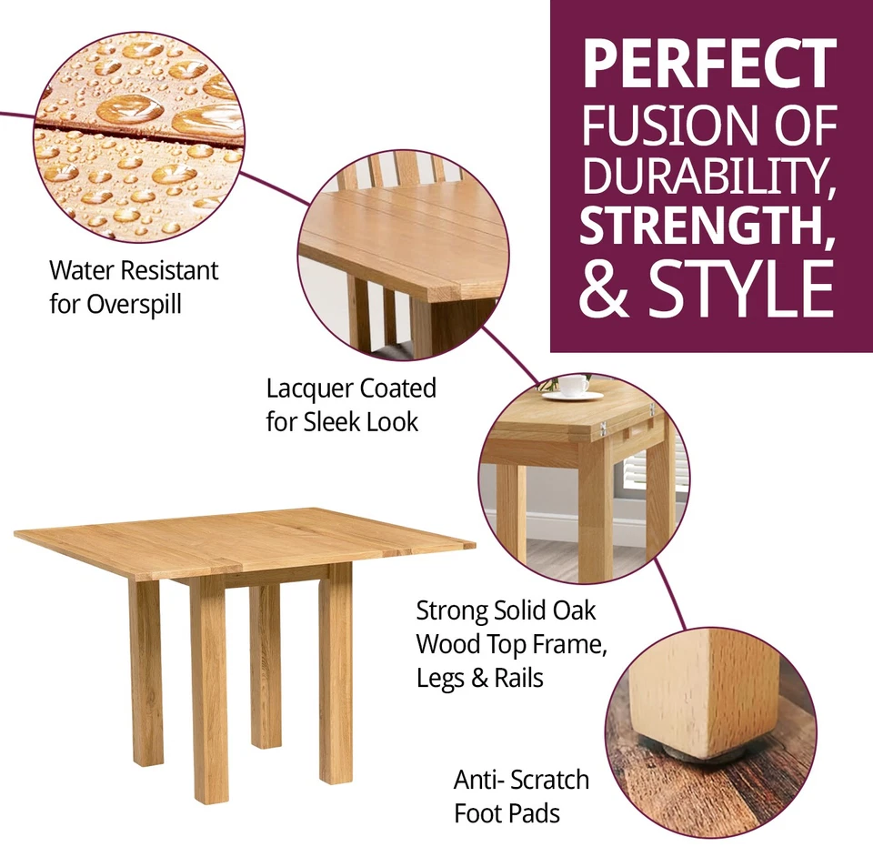 Small Dining Table, Folding Kitchen Table, Solid Oak Wood Extending Dinner Table - Image 2 of 4