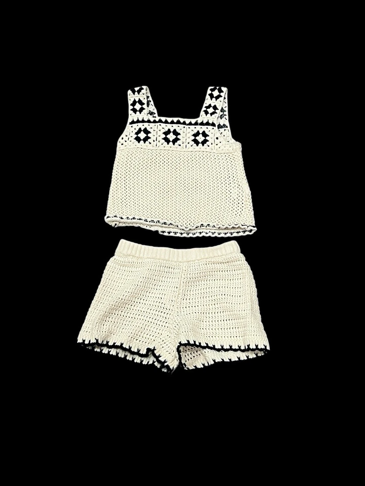ZARA 女孩钩针编织套装背心短裤套装米色 2-3 — 第 2/4 张图片