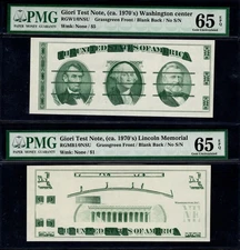 PAIR: GIORI PRESS TEST NOTE Washington  Lincoln Memorial Green PMG Gem Unc 65EPQ