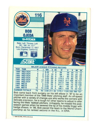 1989 Score #116 Bob Ojeda New York Mets - Picture 2 of 2