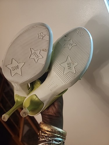 Stuart Weitzman Playa 50 Knot Open-Toe Stiletto Heel Light Green Sandal Sz 9/EUC - Picture 11 of 12