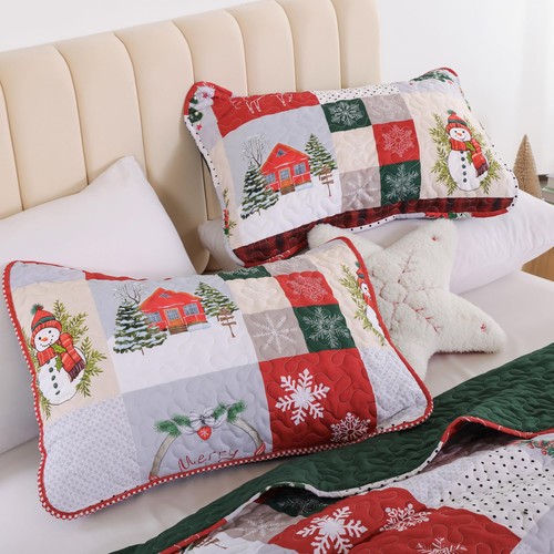 Christmas Quilt Set King Size - Patchwork Bedding with Wreaths and Snowman, L... - Picture 8 of 9