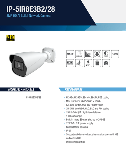 IP-5IR8E3B2-28 IP 8MP/4K 2.8mm Len 164ft IR Ai Face Detection NDAA Bullet Camera - Picture 2 of 4