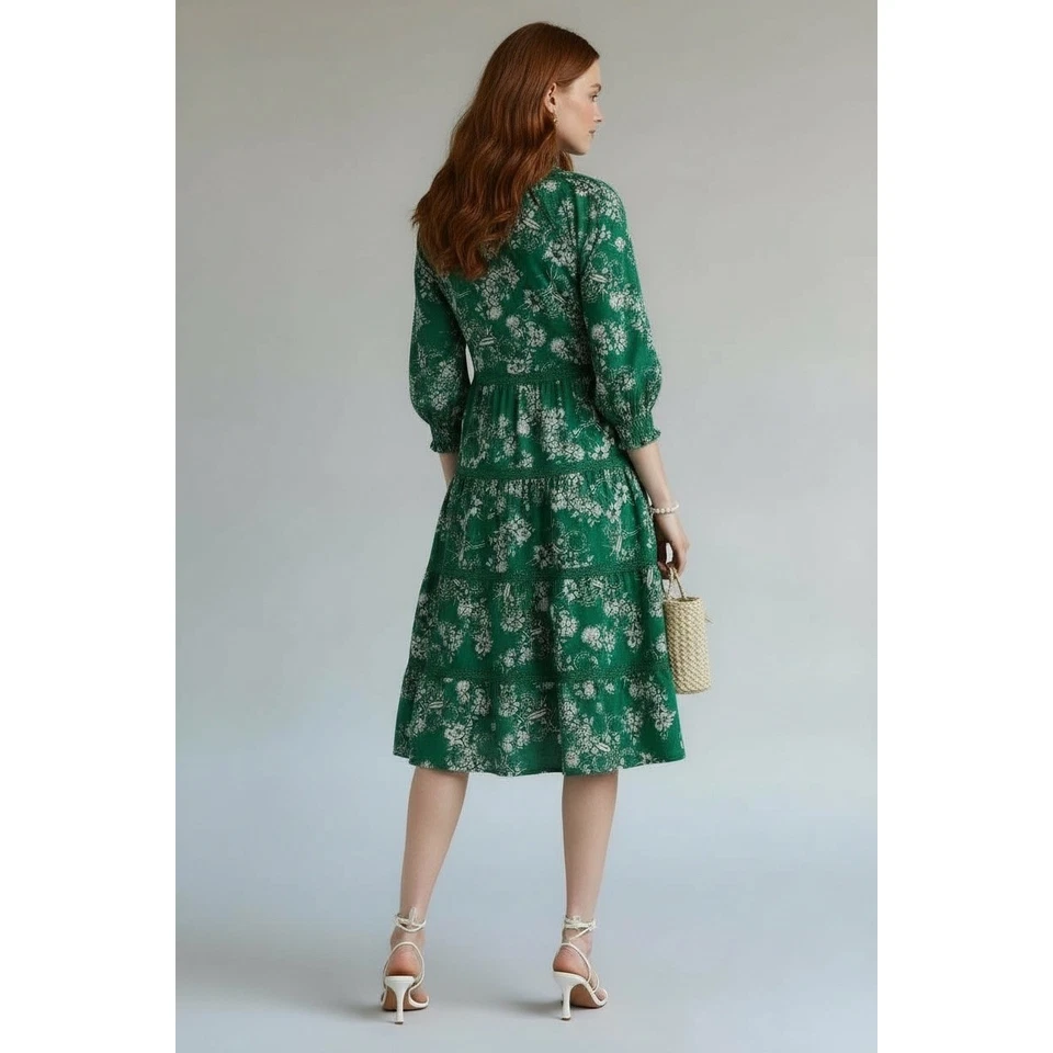 Vestido midi Alice+Olivia verde floral en capas manga larga cuello atado talla S Foto 2 de 4