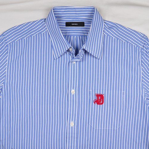 Camisa Diesel Para Hombre Azul Blanco Rayas Bordada Bolsillo Manga Larga Mediana - Imagen 5 de 14