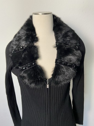 Vintage 90s Y2K Black Rabbit Fur Collar Ribbed Knit Cardigan Sweater Zip-Up LRG - Picture 3 of 18