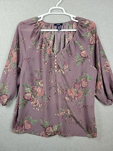 Chaps Purple Floral 3/4 Sleeve V Neck Popover Boho Blouse Women's Plus 2X - Picture 2 of 11