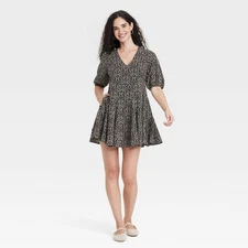 Women's Bell Elbow Sleeve Mini A-Line Dress - Universal Thread Black Floral