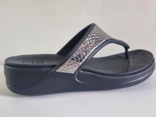 Crocs Monterey Toe Post Black Wedge Metallic Silver Flip Flop Sandals UK 5 - Picture 8 of 11