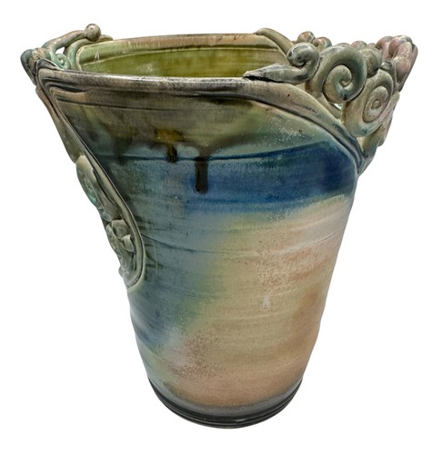 Signed Freeform Art Pottery Coil Vase Artist Swirl Blue Green Handmade Vessel 9” - Picture 2 of 11
