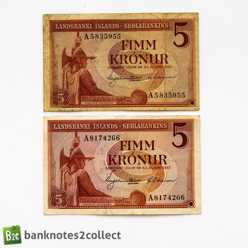 Island: 2 x 5 Island Krone Banknoten.