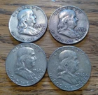 Lot of 4 Franklin Half Dollars --  1957, 1958, 1962 and 1963 -- 90% Silver