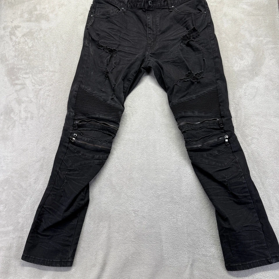 Pantalones de mezclilla Smoke Rise para hombre 38x32 negros desgastados rasgados motociclista oscuro preppy Foto 3 de 4