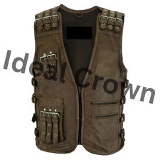 Men  s Distressed Brown Leather Tactical Vest Steampunk Biker Waistcoat-All Sizes