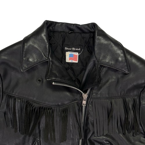 Cappotto giacca biker pelle marca Steer vintage donna taglia 18 nero frange nappe - Foto 2 di 20