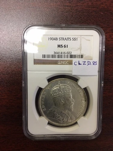 Straits Settlements Coin: Dollar year 1904-B, Grade MS-61 by NGC..Est:$2385.