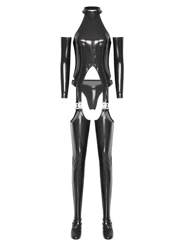 Women Catsuit Blend Lingerie Front Zipper Bodysuit Halter Rompers Shiny Outfits - Picture 17 of 61