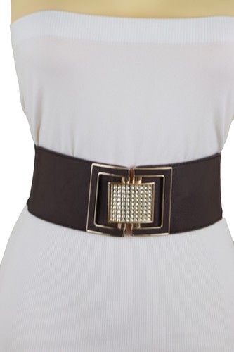 Women Brown Elastic Waistband Fancy Fashion Belt Gold Square Bling Buckle S M - Picture 3 of 24