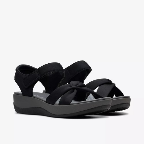 Clarks schwarze Sandalen Arla Dasiy Damen waschbar leicht Keilabsatz Gummizug